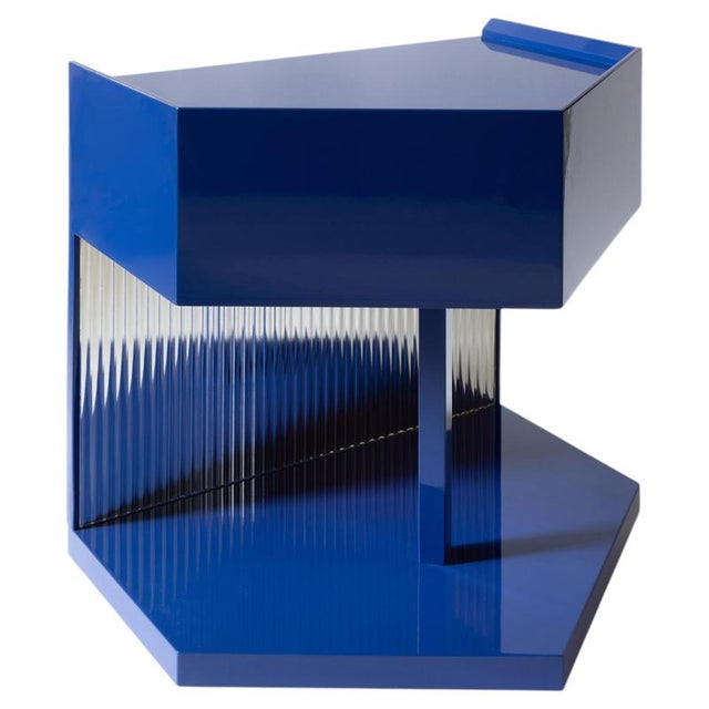Glass Last Call Nightstand in Glossy Blue Lacquered MDF & Flute Mirror by Softhouse For Sale - Image 7 of 7