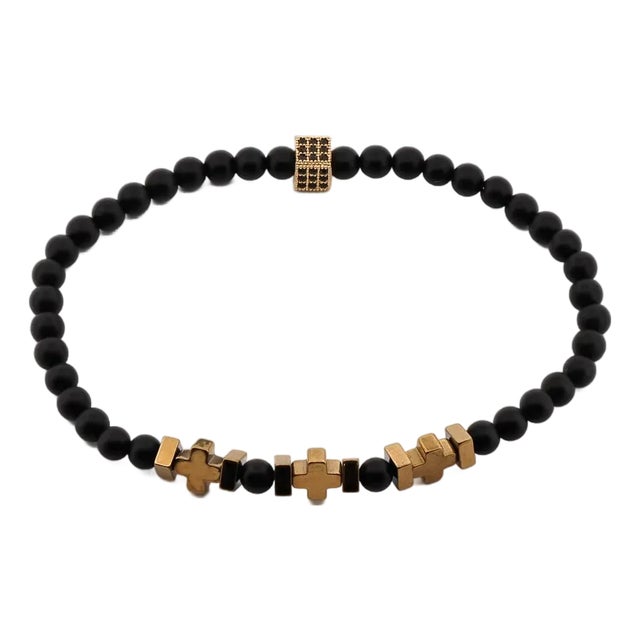 Black Onyx & Gold Hematite Beaded Bracelet For Sale
