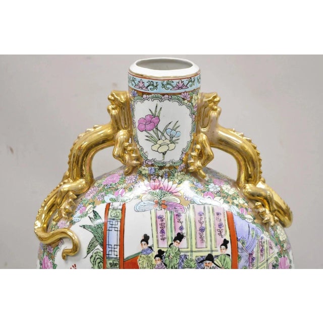 Chinoiserie Vintage Chinese Famille Rose Porcelain Figural Orange Moon Flask Vase W/ Dragons For Sale - Image 3 of 10