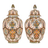Delft Vases Polychrome Tall Covered Jars Floor Vases a Pair For Sale