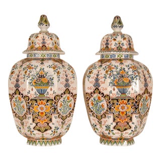Delft Vases Polychrome Tall Covered Jars Floor Vases a Pair For Sale