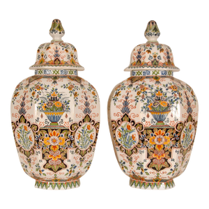 Delft Vases Polychrome Tall Covered Jars Floor Vases a Pair