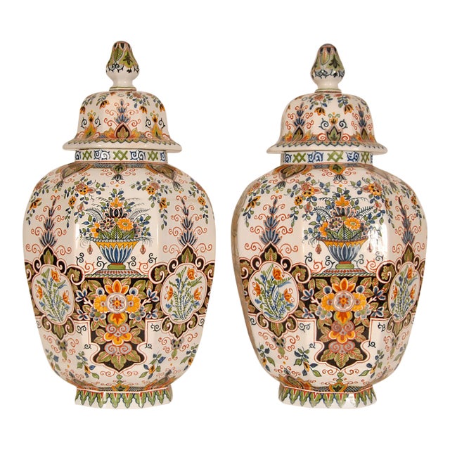 Vintage Delft Vases Polychrome Tall Covered Jars Floor Vases a Pair For Sale