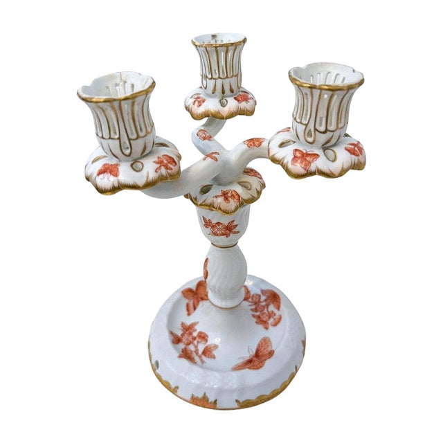White Late 20th Century Herend Chinese Bouquet Rust Porcelain Candelabra — Pair For Sale - Image 8 of 11