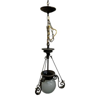 Vintage Three Strut Hanging Fixture With Frosted Round Globe For Sale