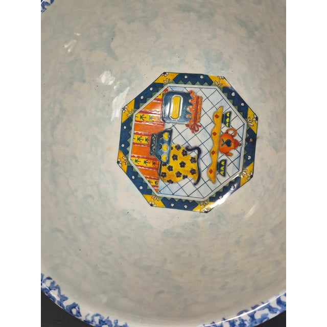 Vintage Large Italian Ceramic Pasta Bread Dough Bowl Blue Spongeware Rim For Sale - Image 9 of 11