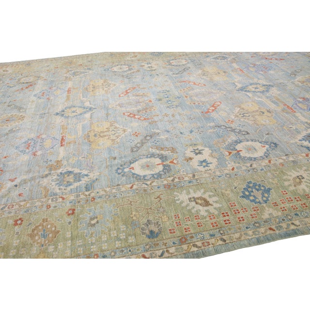 Blue Mid 20th Century Modern Persian Sultanabad Blue Handmade Floral Wool Rug For Sale - Image 8 of 11