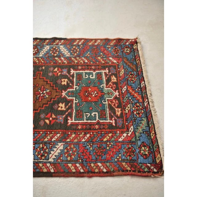 Antique Northwest Runner in Smokey Blackish-Blue Ground with Teals, Blues, Greens 3 x 13.10 For Sale - Image 4 of 13