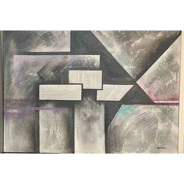 This visually striking 1980s abstract acrylic on canvas by Robert Marx features a compelling blend of geometry, texture,...