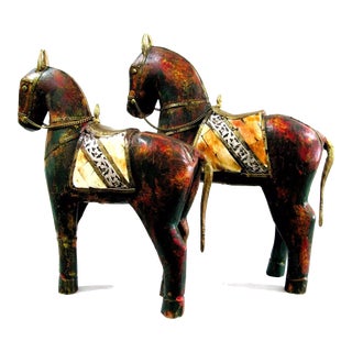 1950s Vintage Pair of Tall Solid Wood Carved Horse Sculptures With Copper and Brass Accents For Sale