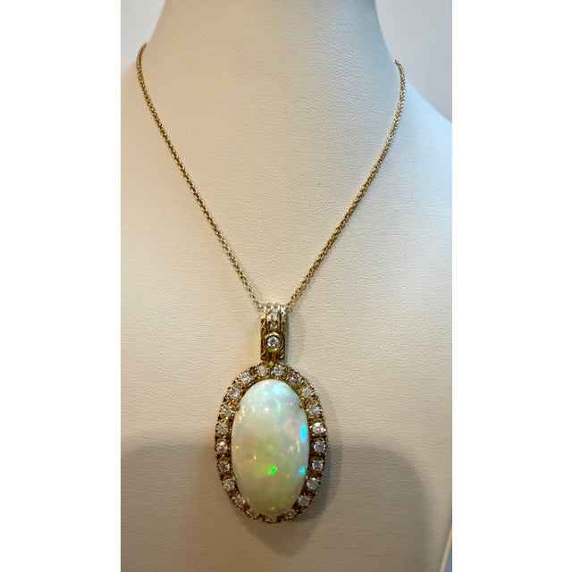 White 36 Ct Oval Ethiopian Opal & 2.5 Ct Diamond Pendant 14 Karat Yellow Gold Necklace For Sale - Image 8 of 18