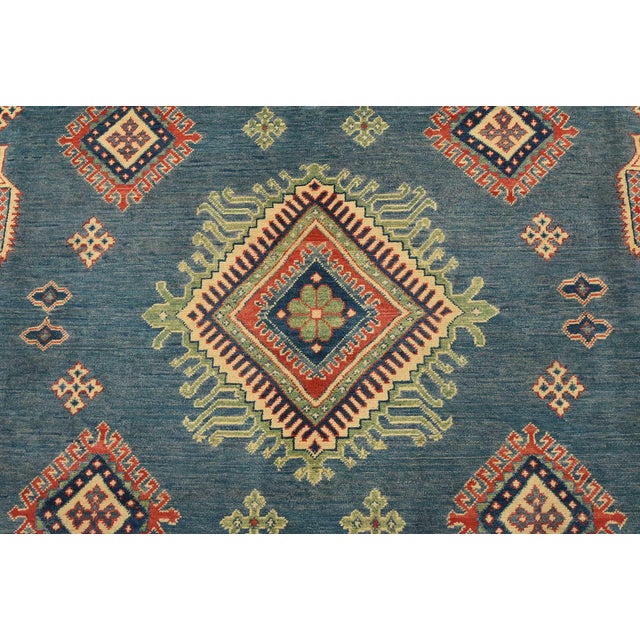 Kazak Rug 8’1” X 9’9” Blue Wool Tribal Hand-Knotted Oriental Carpet For Sale In Philadelphia - Image 6 of 14