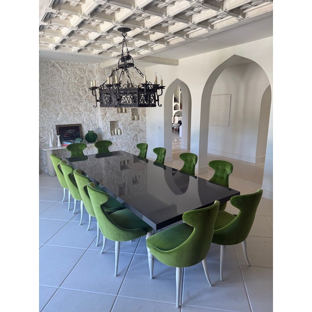 Large Black Lucite Modern Dining Table With Green Velvet Chairs Seats 12 For Sale - Image 4 of 12