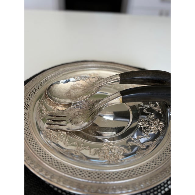 Vintage Ornate Malaysian Silver Serving Spoon and Fork With Horn Handles For Sale - Image 4 of 5