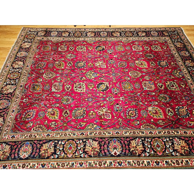 Red Vintage Persian Tabriz Rug, Hand-Knotted Wool, All Over Geometric Pattern, Red & Navy, 10x13 For Sale - Image 8 of 18