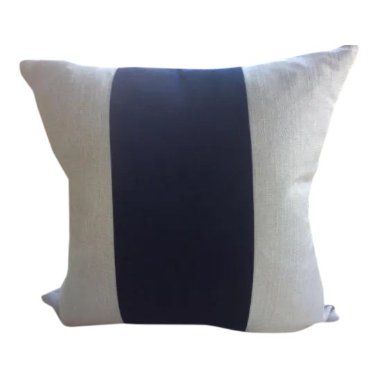 Custom Oatmeal Linen & Midnight Blue Mohair Stripe Pillows - a Pair For Sale In Atlanta - Image 6 of 6
