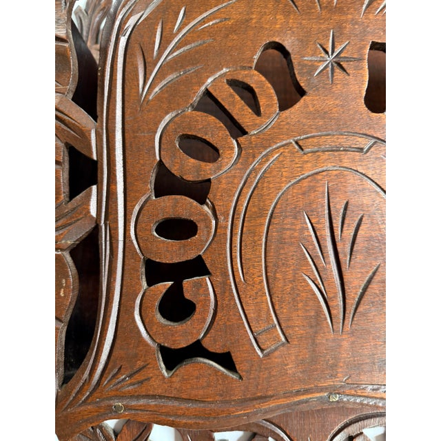 Victorian Large Antique Victorian Carved Wood Good Luck Wall Pocket Magazine Rack For Sale - Image 3 of 12