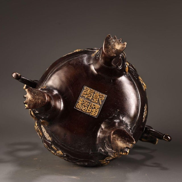 Solid Copper Gilt Gold & Silver High-Relief Incense Burner Censer With Laughing Buddha & Dragons For Sale - Image 10 of 10