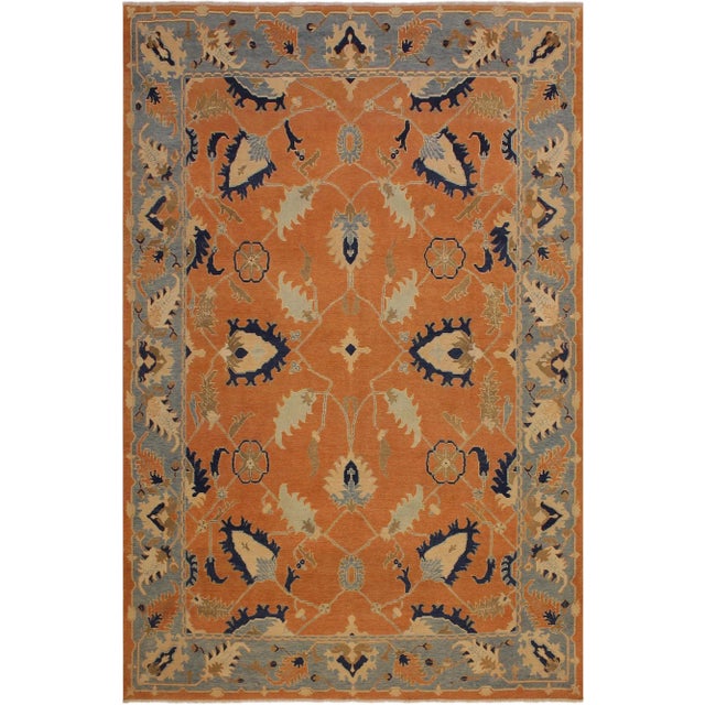 1990s Shabby Chic Sun-Faded Orange/Lt. Blue Wool Rug -8'8 X 12'2 For Sale
