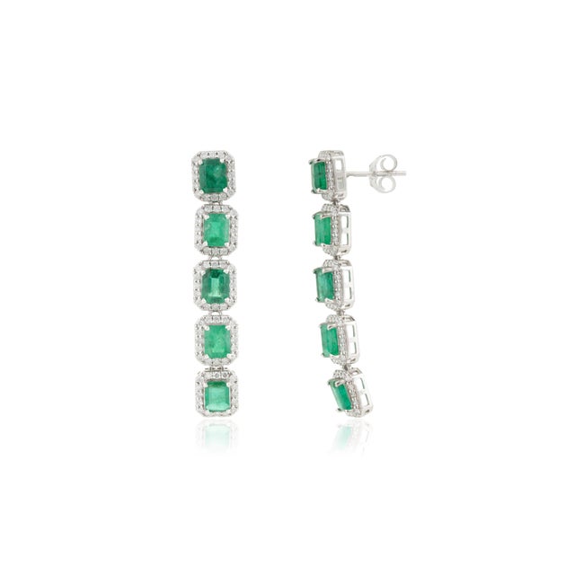 4.07 Ct Emerald Diamond Linear Art Deco Drop Earrings in 14k White Gold- 2 Pieces For Sale - Image 4 of 13