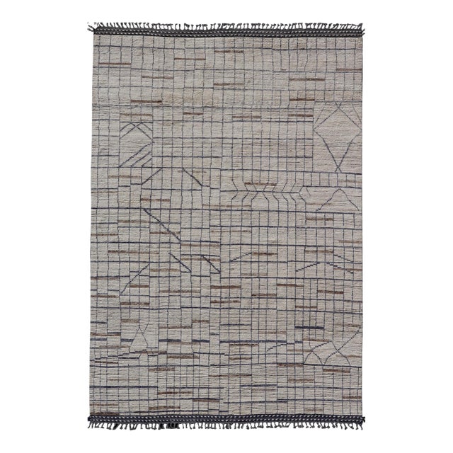 Modern Moroccan Rug in Neutral Tones With Subdued Design With Pops of Blue 9'10 X 14'1 For Sale