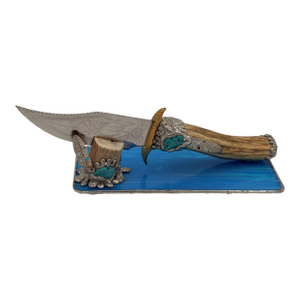 Signed Travis Palmer Bocephus Custom Bowie Knife Stag Turquoise Stand