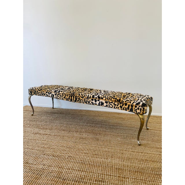 Vintage 1970s Leopard Print Bench glamorous Hollywood Regency style newly upholstered in leopard print cotton velvet...