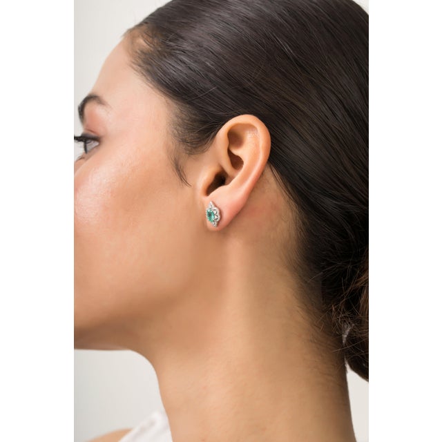 Emerald Diamond Floral Cluster Vintage Stud Earrings in 14k White Gold- A Pair For Sale - Image 9 of 15