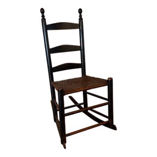 Mid 19th Century New England Style Wooden Rocking Chair With Rush Seat. For Sale