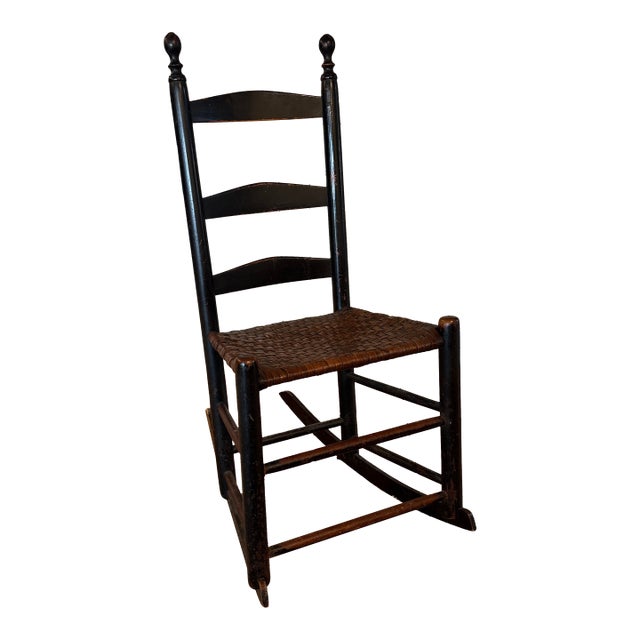 Mid 19th Century New England Style Wooden Rocking Chair With Rush Seat. For Sale