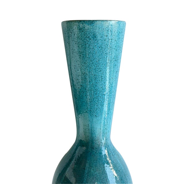Mid-Century Modern Large Jaru of California Ceramic Vase With Cerulean Blue Crackle Glaze For Sale - Image 3 of 9