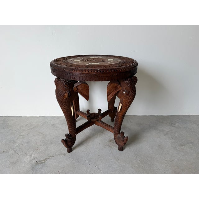 Vintage Anglo Indian Hand-Carved Elephant Side Table With Bone Inlay Animal Motif For Sale - Image 15 of 15