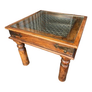 1980s Vintage Indian Inspired Rustic Glass End Side Table For Sale