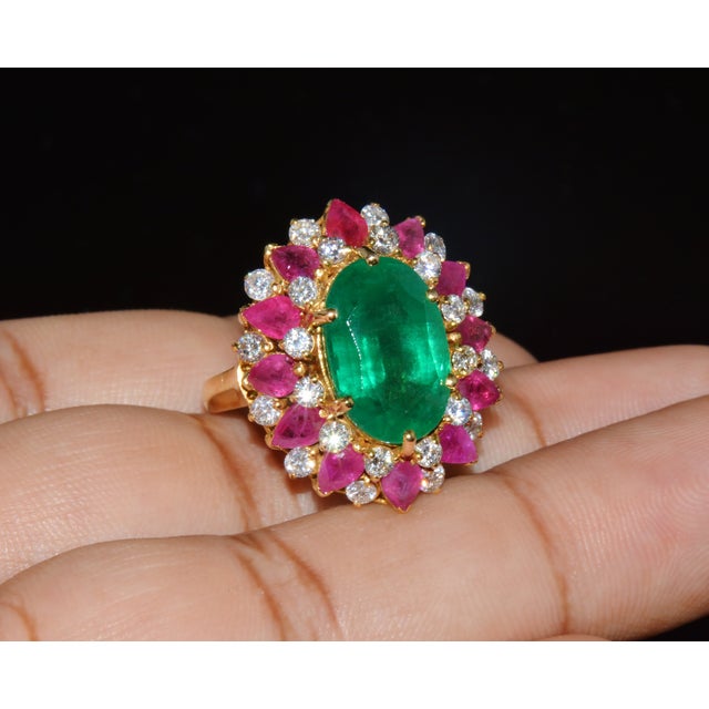 Late 20th Century Gia Certified 11.39Ct Zambian Emerald, Ruby & Diamond 18k Gold Cocktail Ring, Size 6 For Sale - Image 10 of 13