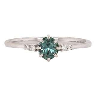 Teal Sapphire Ring With Earth Mined Diamond Accents Ring: Solid 14k Gold, Size 6.75 For Sale