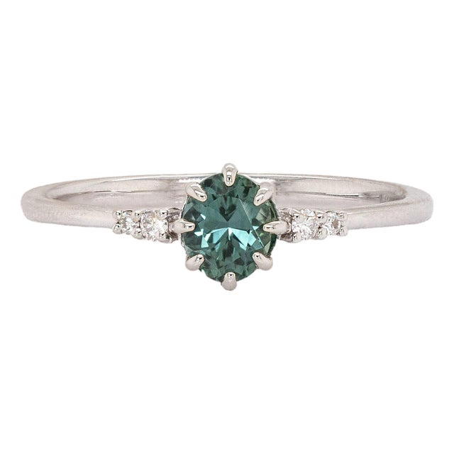 Teal Sapphire Ring With Earth Mined Diamond Accents Ring: Solid 14k Gold, Size 6.75 For Sale