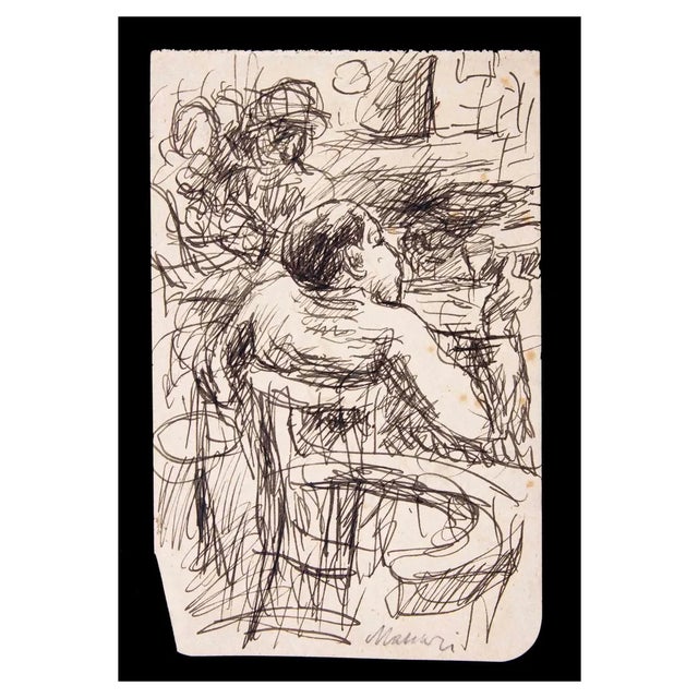 Mino Maccari, At the Cafe, Ink Drawing, 1940s For Sale
