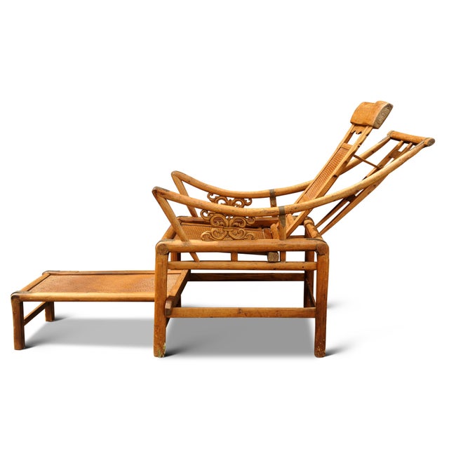 Victorian Wishbone Bamboo & Cane Reclining Armchairs with Pull Out Ottoman, Set of 2 For Sale - Image 14 of 14