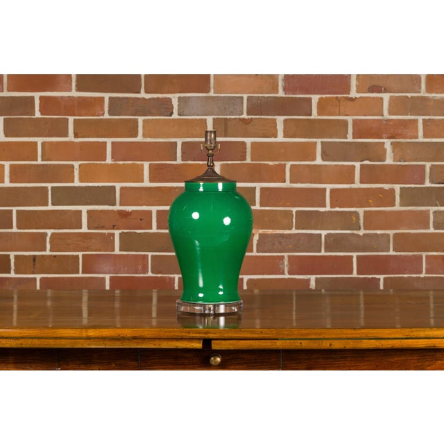 Contemporary Green Porcelain Table Lamp with Discreet Crackle Finish on Lucite Base For Sale - Image 4 of 11