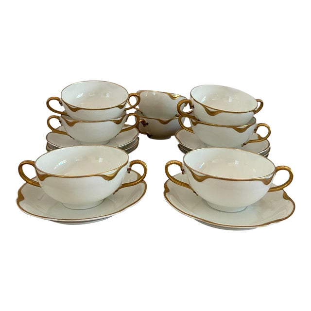 Antique 1900s Haviland Limoges "Silver Anniversary" Bouillon Cups & Saucers - Set of 8 For Sale