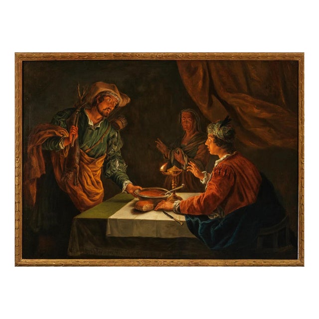 Matthias Stom (Stomer), Esau Sells Jacob His Birthright for a Bowl of Lentil Stew, Oil Painting on Canvas, Framed For Sale