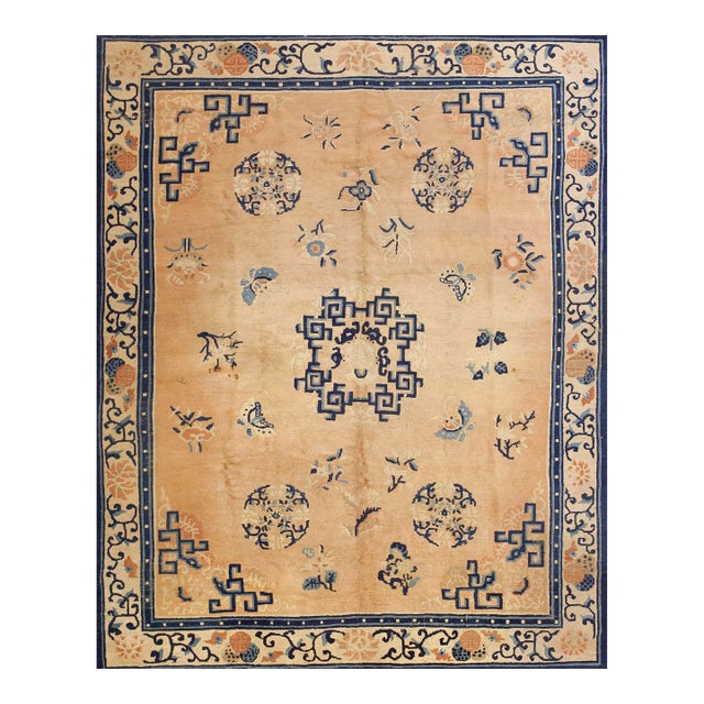 1900s Beige Medallion Floral Antique Chinese Ningxia Carpet 8' X 9'6" Knotted Wool Rug For Sale