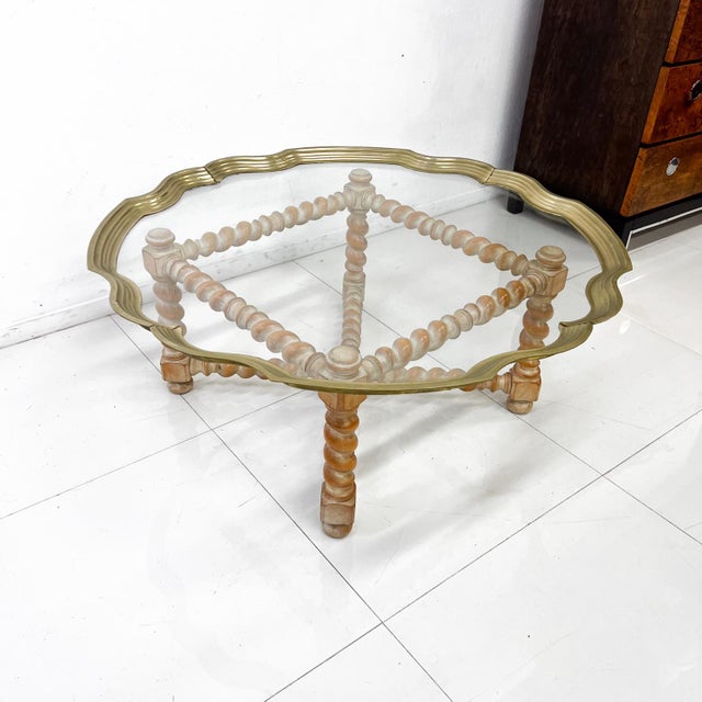 AMBIANIC presents Hollywood Regency Baker Furniture Elegant English Oak Barley Twist Cocktail Table With Brass and Glass...