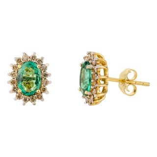 Oval Cut Emerald Halo Diamond Stud Earrings - 2 Pieces For Sale