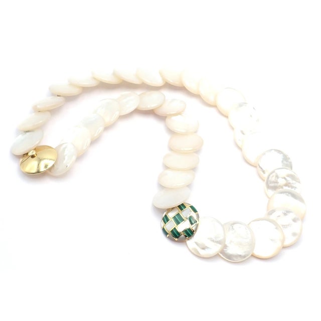 1980s Tiffany & Co. Angela Cummings Yellow Gold Mother of Pearl Malachite Inlaid Necklace For Sale - Image 13 of 15