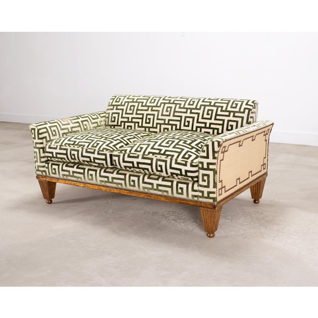 Art Deco 20th C. Art Deco Style Greek Key Velvet and Raffia Settee For Sale - Image 3 of 18