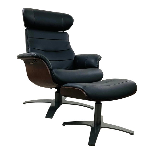 Mid-Century Modern Eames Inspired Italian Black Leather Lounge Chair and Ottoman For Sale
