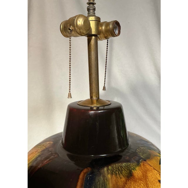 Vintage Mid Century Modern Pottery Table Lamp Drip Glaze Silver Overlay Gazelle Ram For Sale In Greenville, SC - Image 6 of 12