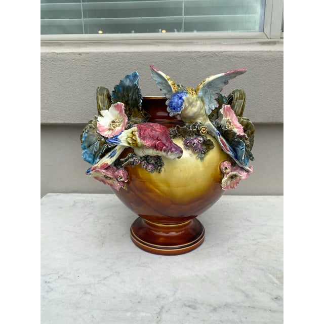 19th Century Large Austrian Parrots & Flowers Cache Pot. Height / 12 inches. Diameter / 12 inches.