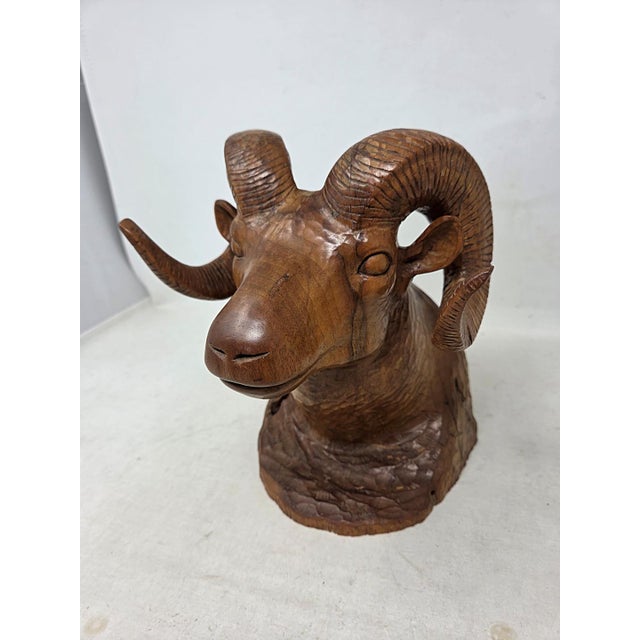 Rustic Vintage 1966 Hand Carved Wood Bighorn Sheep Ram's Head 9" Tall Signed Orren Hutter Calif For Sale - Image 3 of 14